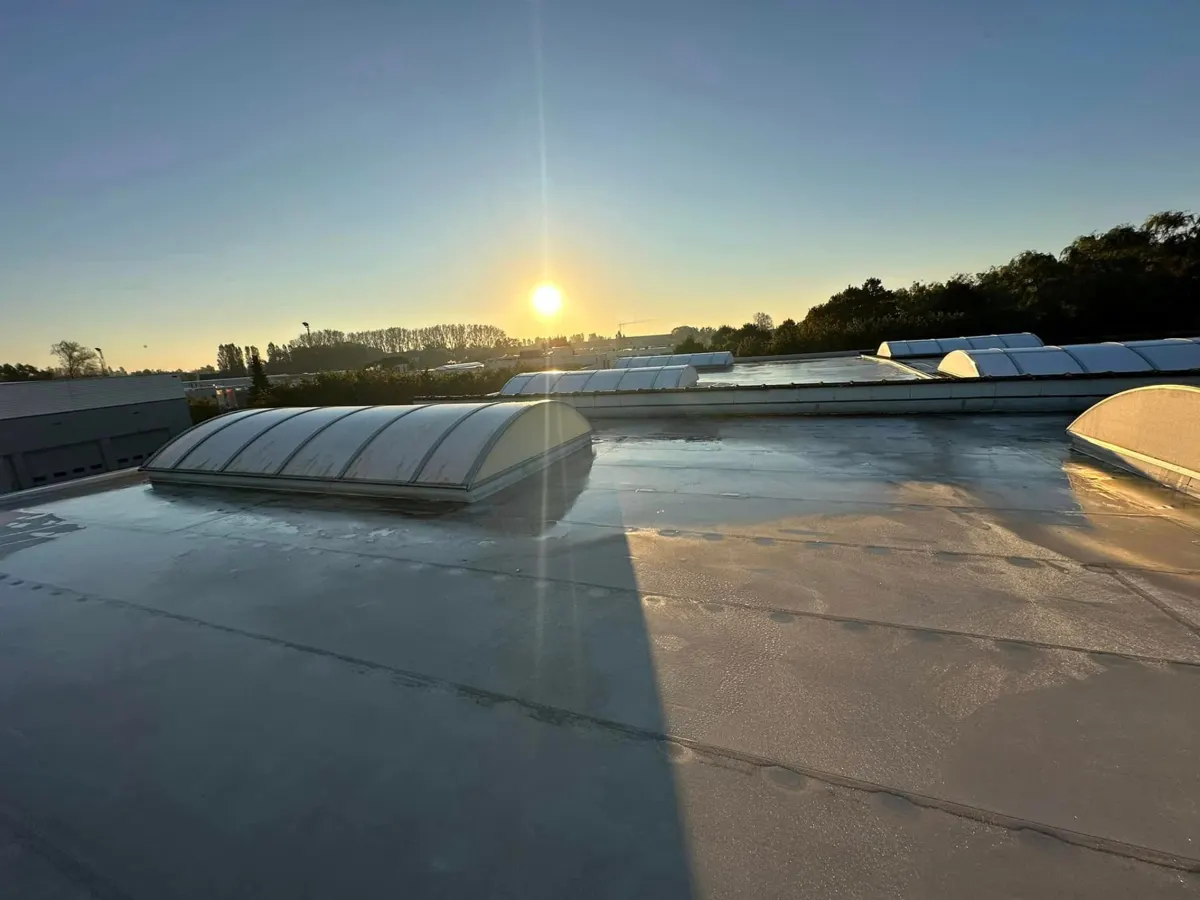 Voor: het oude platte dak met verouderde lichtstraten