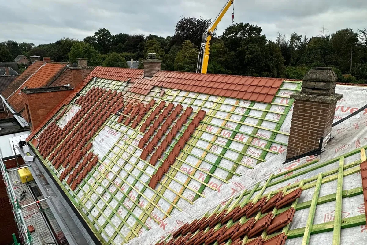 Tijdens: Tyvek Typrotec onderdak met gedrenkte schaliebarden en panlatten, nieuwe pannen klaar om te leggen